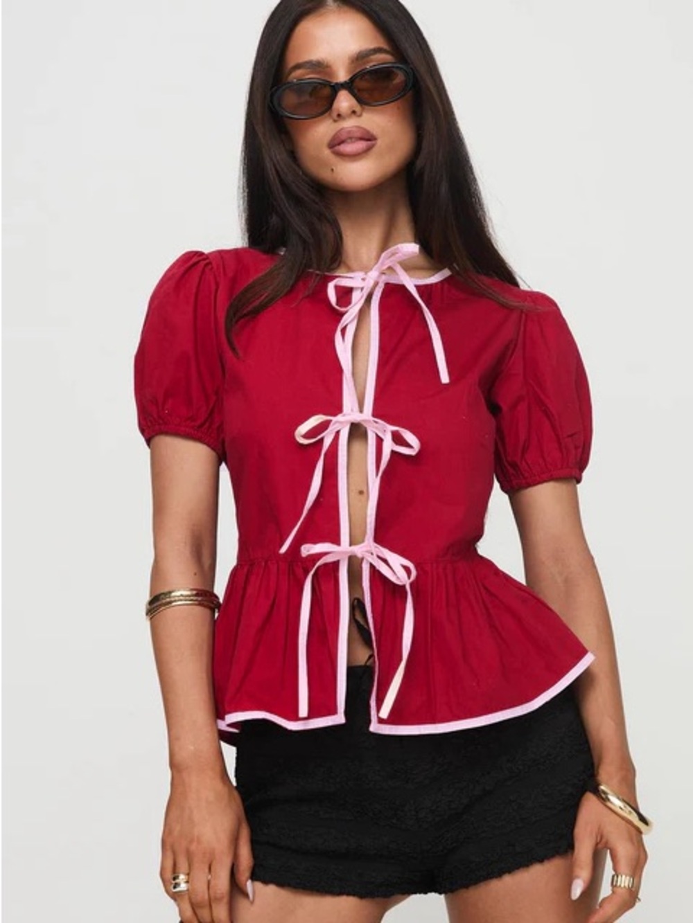 Red Puff-Sleeve Tie-Front Peplum Top